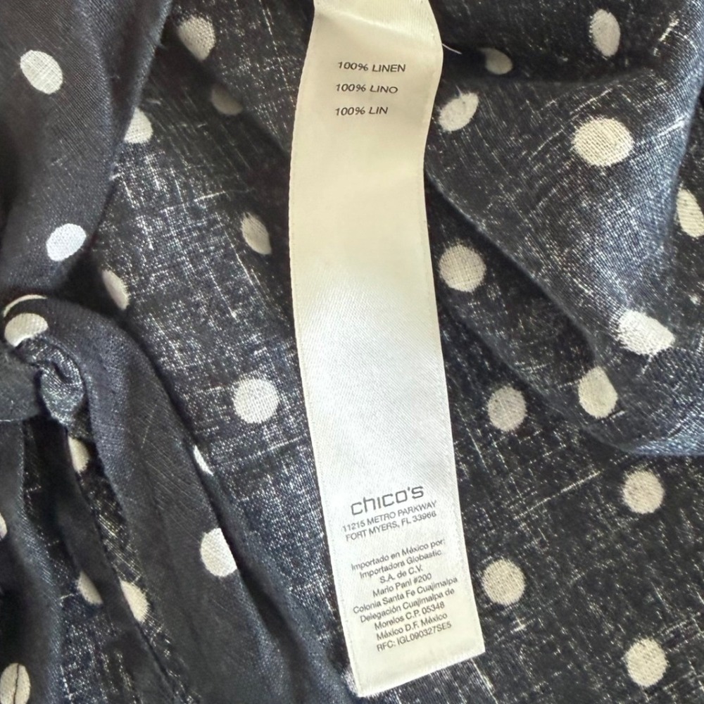 Chico's No-Iron 100% Linen Button Up Shirt Black White Polka Dot Tie Front 3 XL - Picture 9 of 12